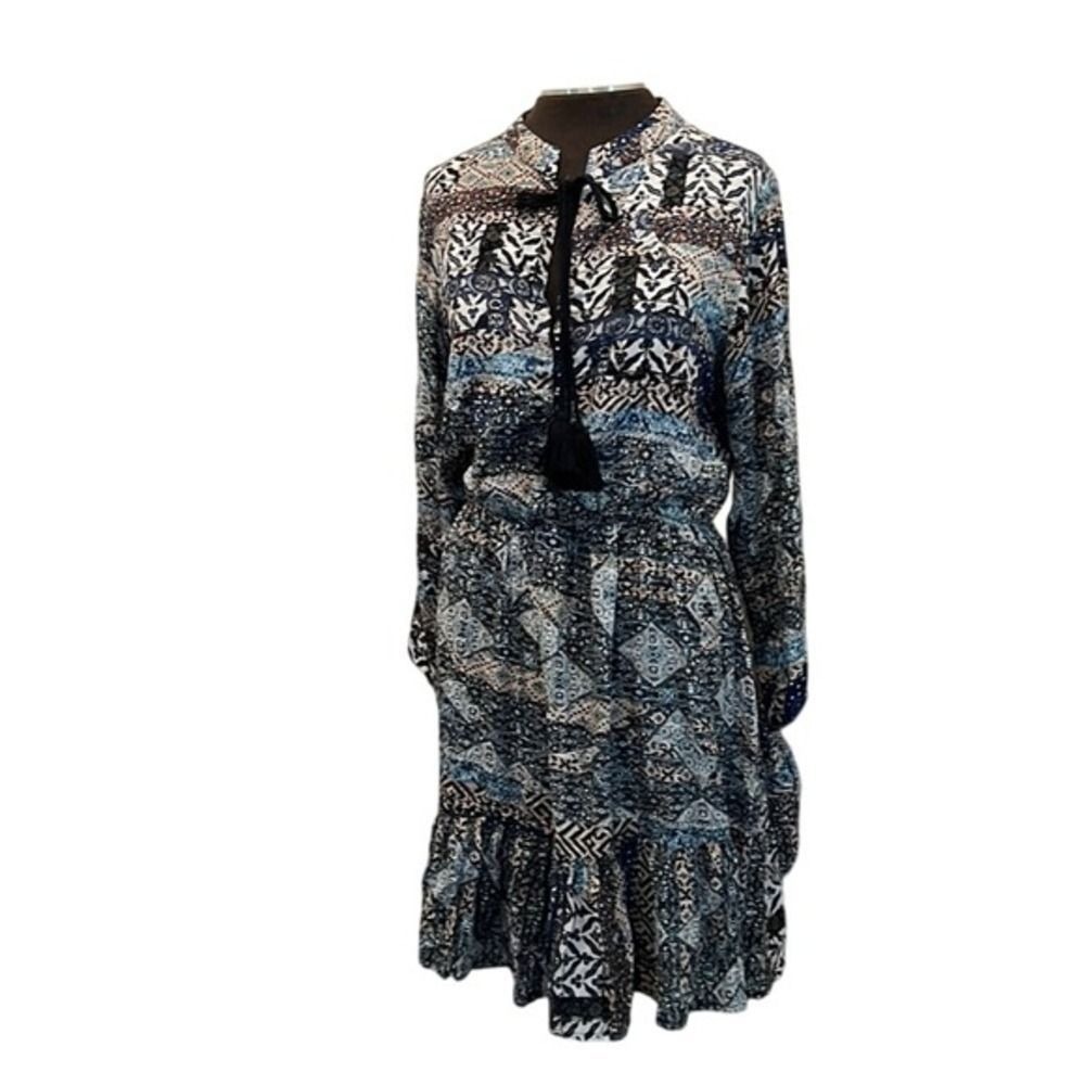 Jaase Dress L Blue Patchwork Boho Long Sleeve Tassel Ruffle Hem Peasant Casual